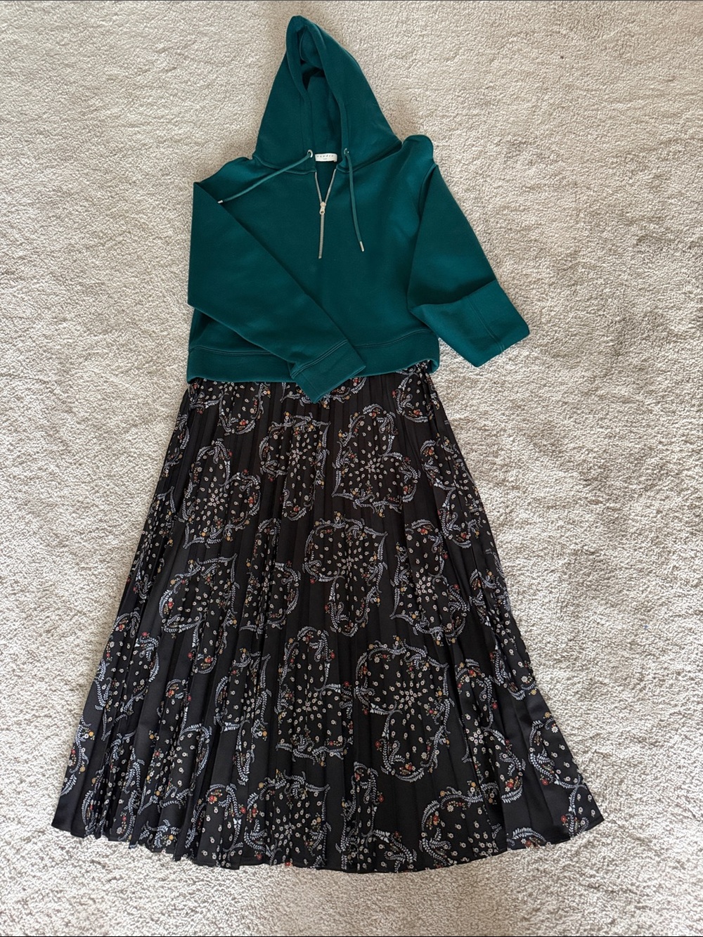 Sandro Black Pleated Maxi Skirt with Subtle Floral Motif